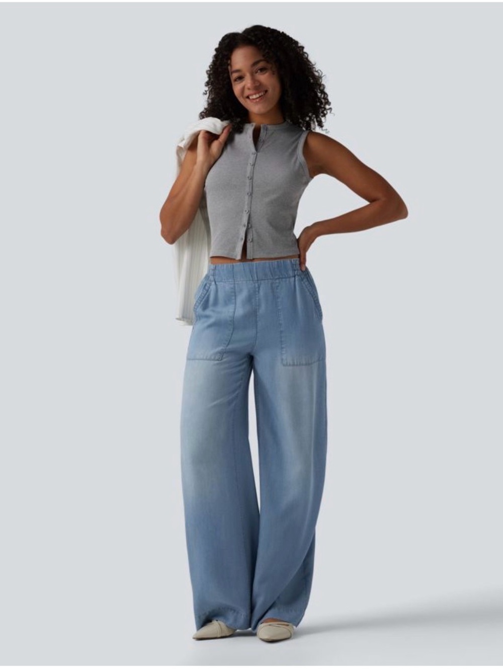 NEW HALARA Mid Rise Draped Wide Leg Casual PULL ON CHAMBRAY Jeans Pockets SZ XS